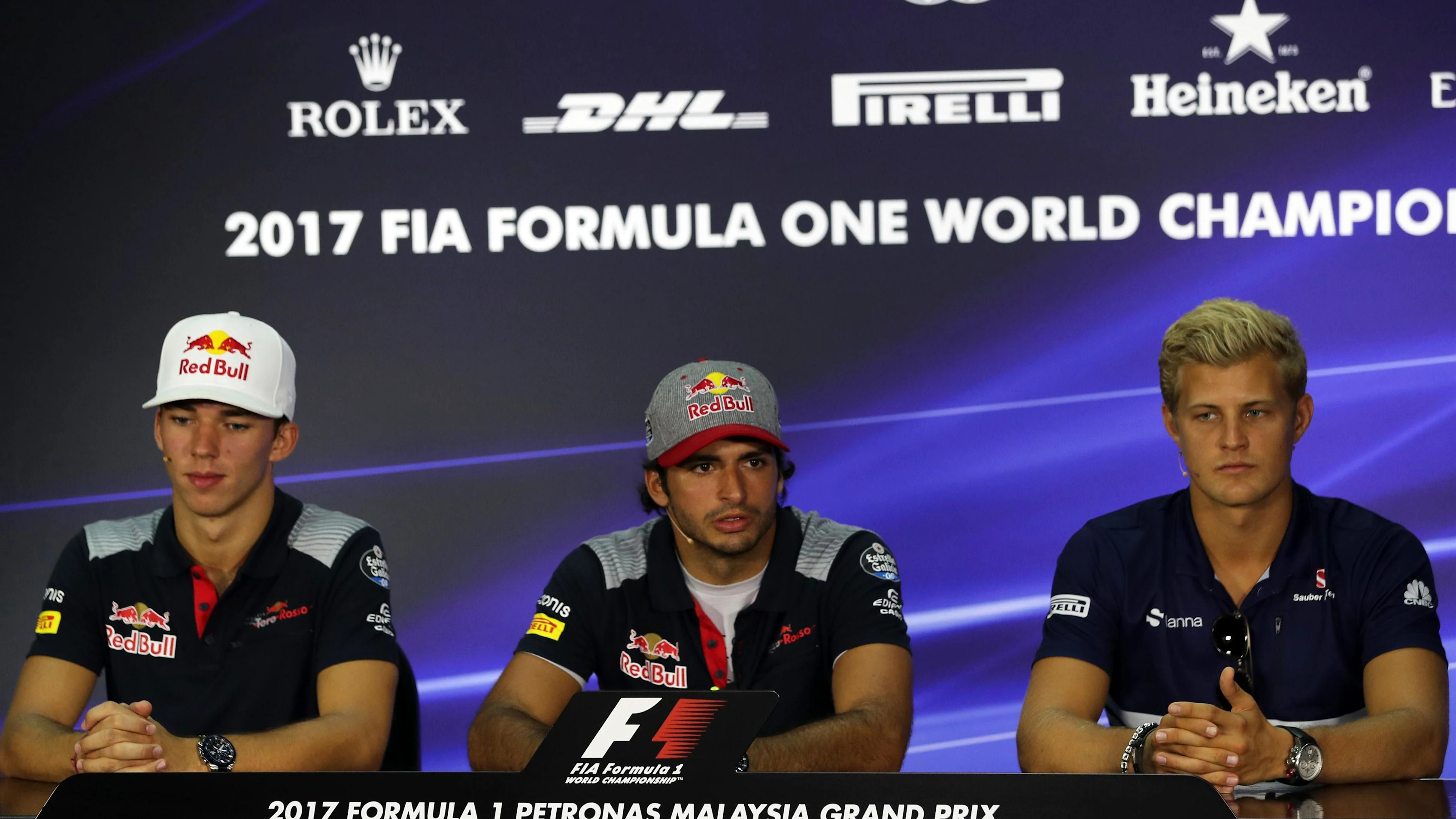 (L to R): Pierre Gasly (FRA) Scuderia Toro Rosso, Carlos Sainz jr (ESP) Scuderia Toro Rosso and Marcus Ericsson (SWE) Sauber in the Press Conference at Formula One World Championship, Rd15, Malaysian Grand Prix, Preparations, Sepang, Malaysia, Thursday 28 September 2017. © Kym Illman/Sutton Images
