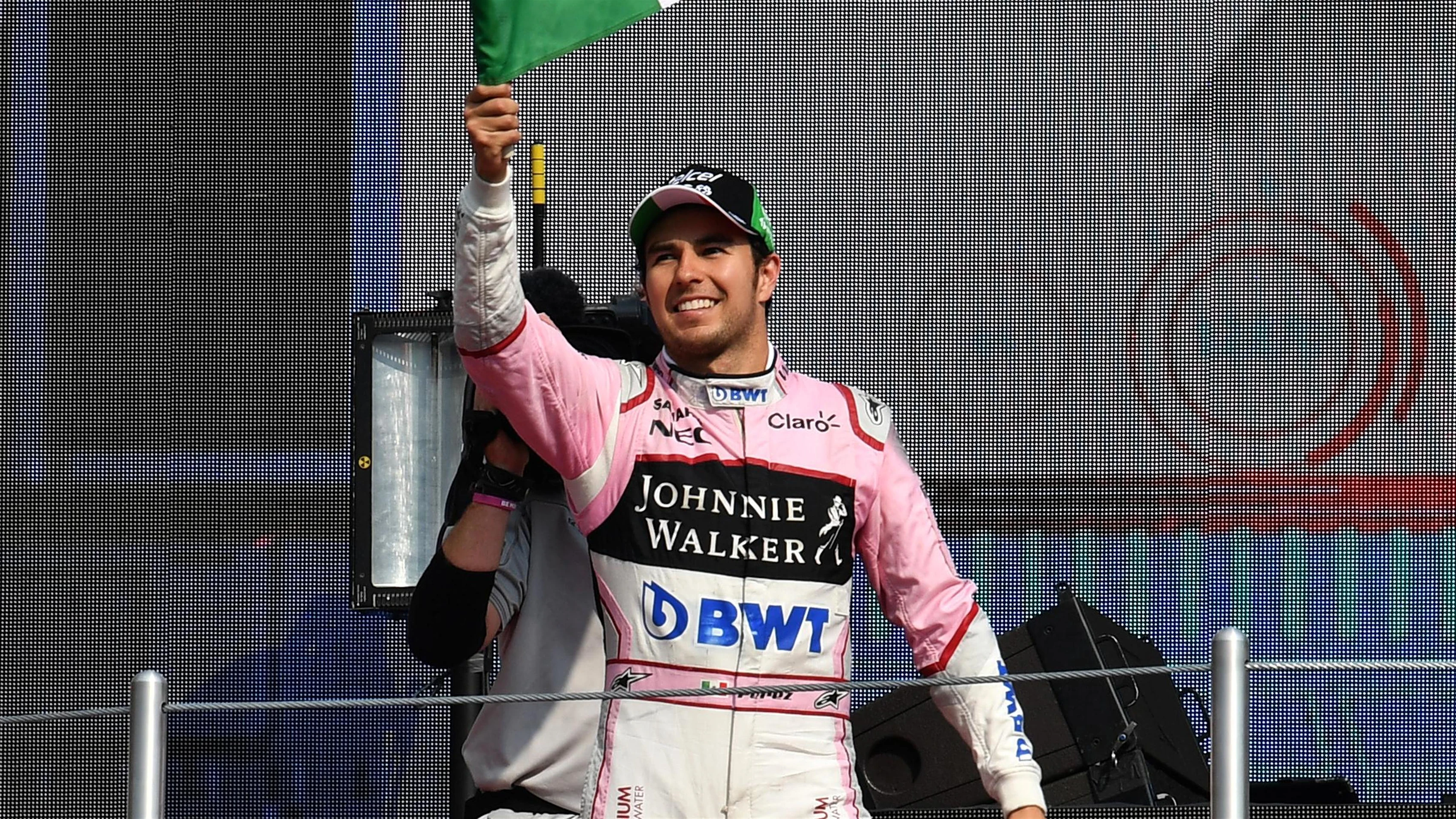 Sergio Perez (MEX) Force India on the podium post race at Formula One World Championship, Rd18, Mexican Grand Prix, Race, Circuit Hermanos Rodriguez, Mexico City, Mexico, Sunday 29 October 2017. © Mark Sutton/Sutton Images
