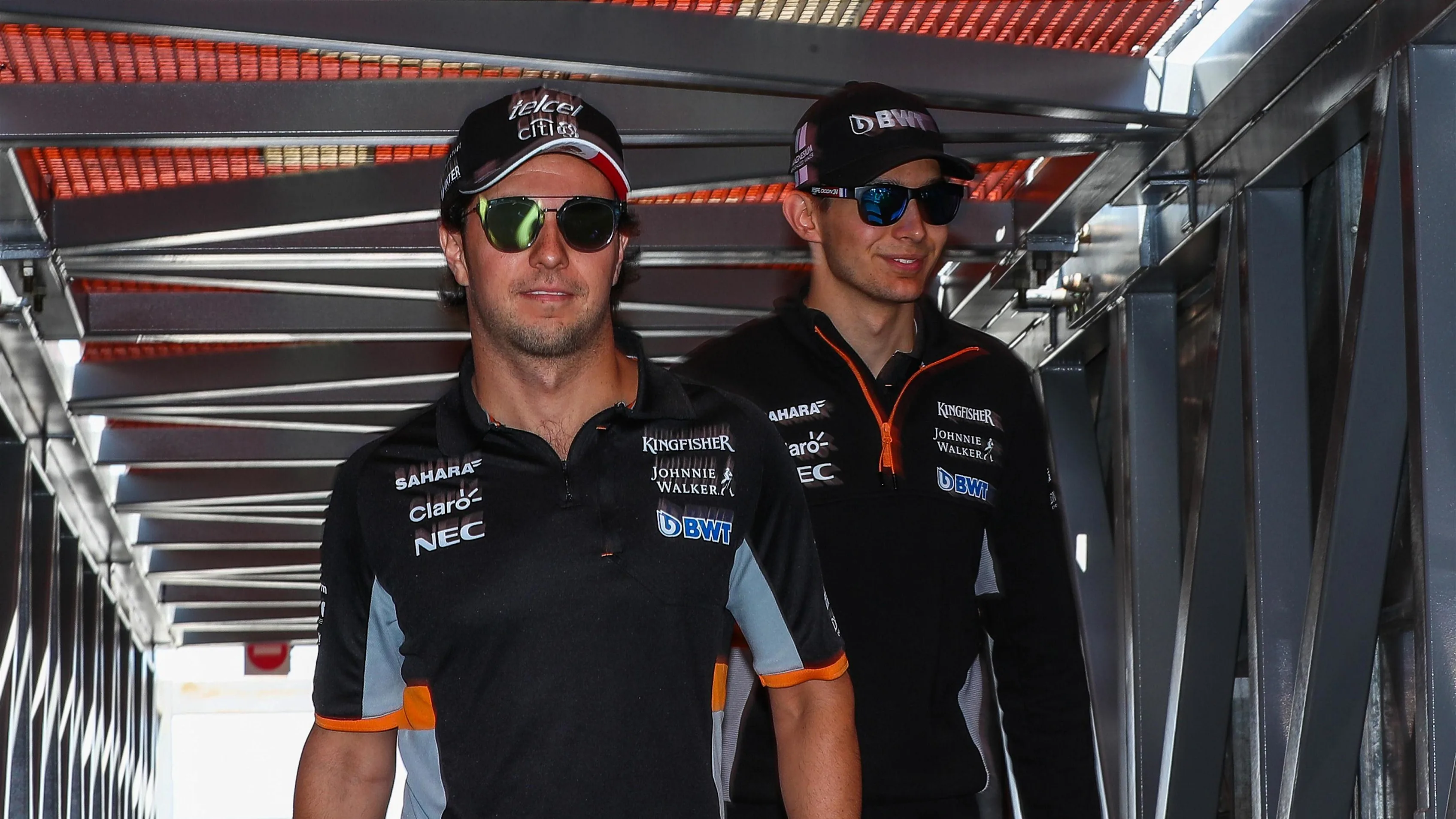 Sergio Perez (MEX) Force India and Esteban Ocon (FRA) Force India at Formula One World