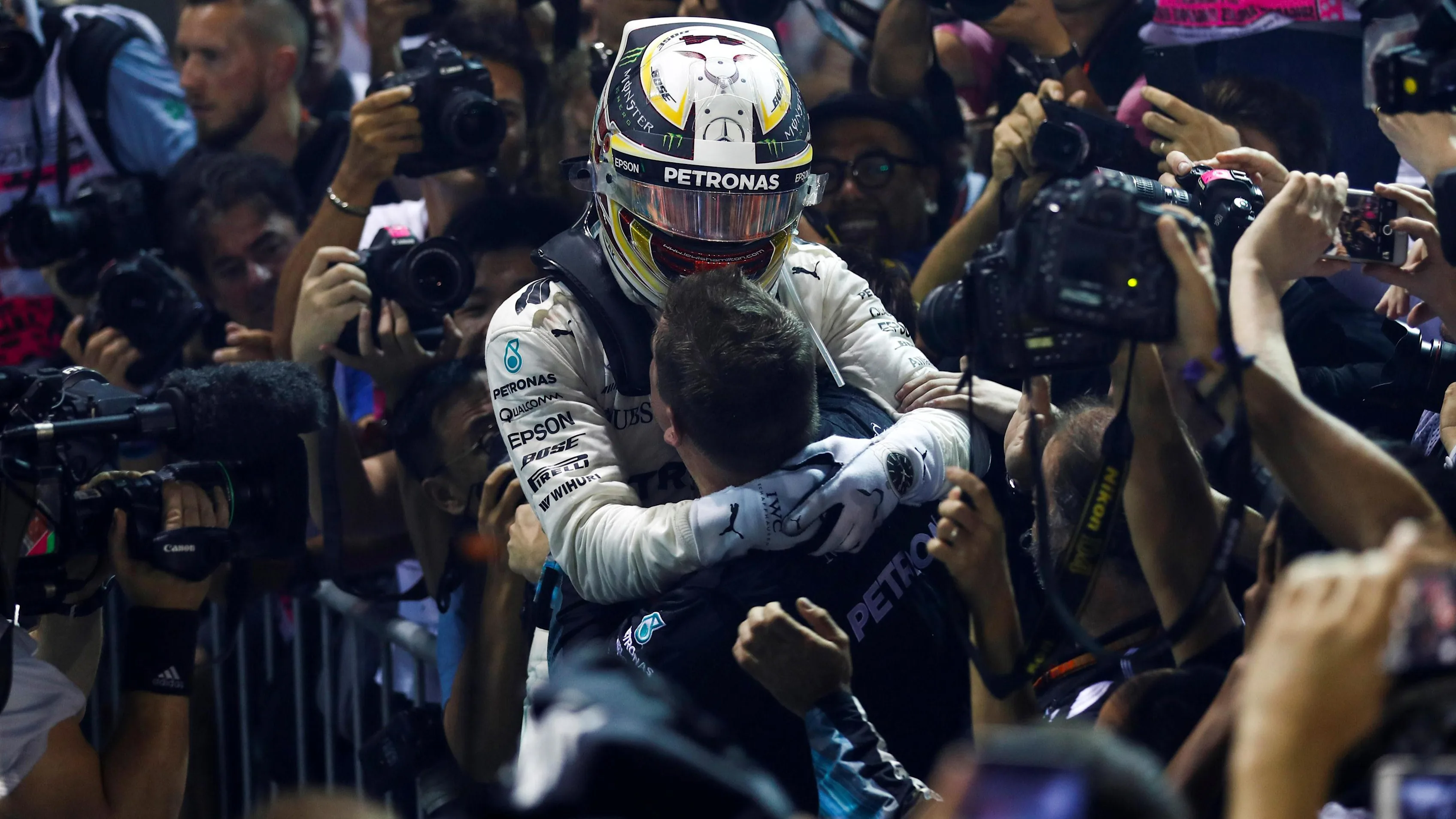 Race winner Lewis Hamilton (GBR) Mercedes AMG F1 celebrates in parc ferme at Formula One World