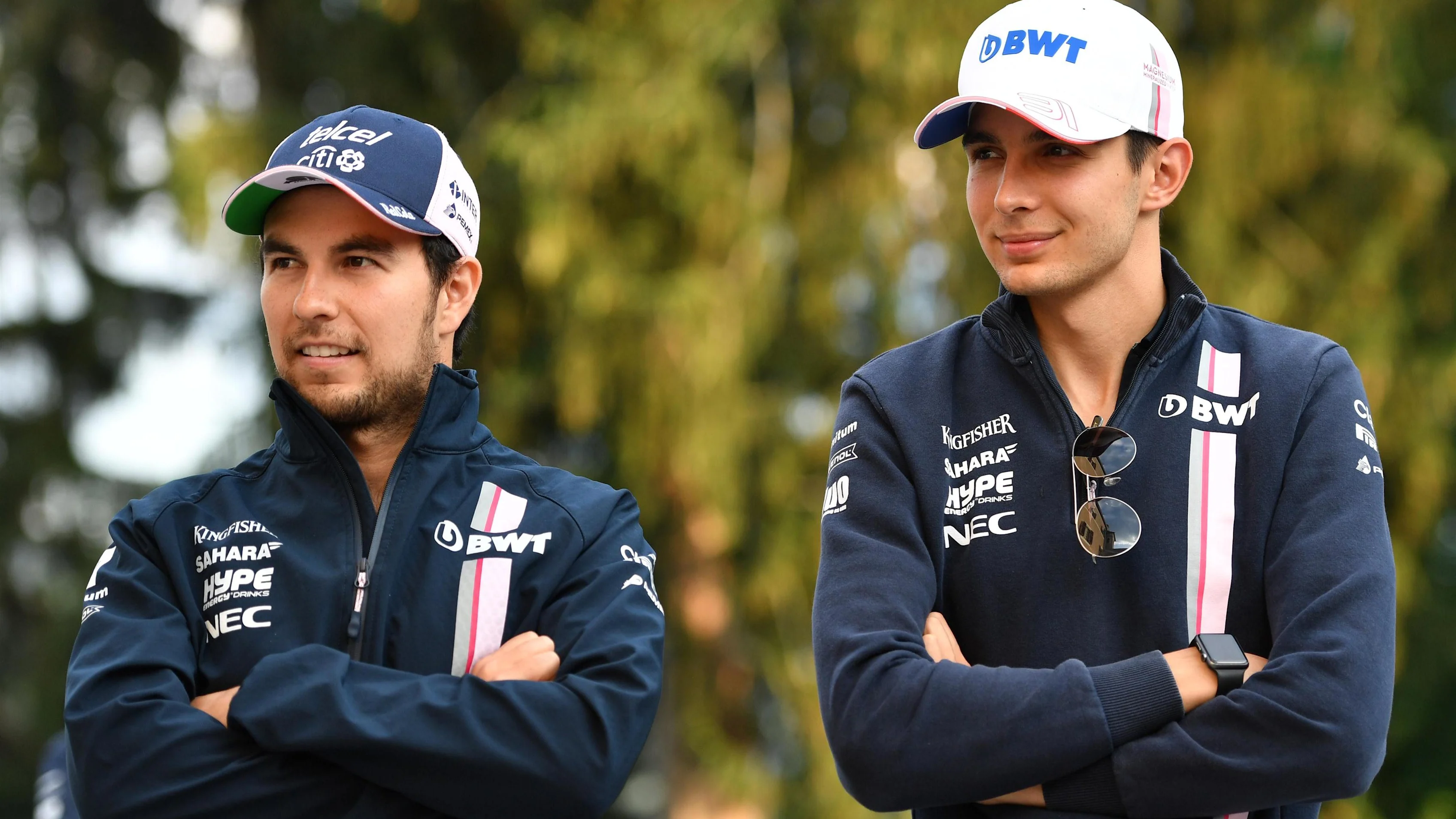 Sergio Perez (MEX) Force India and Esteban Ocon (FRA) Force India F1 at Formula One World