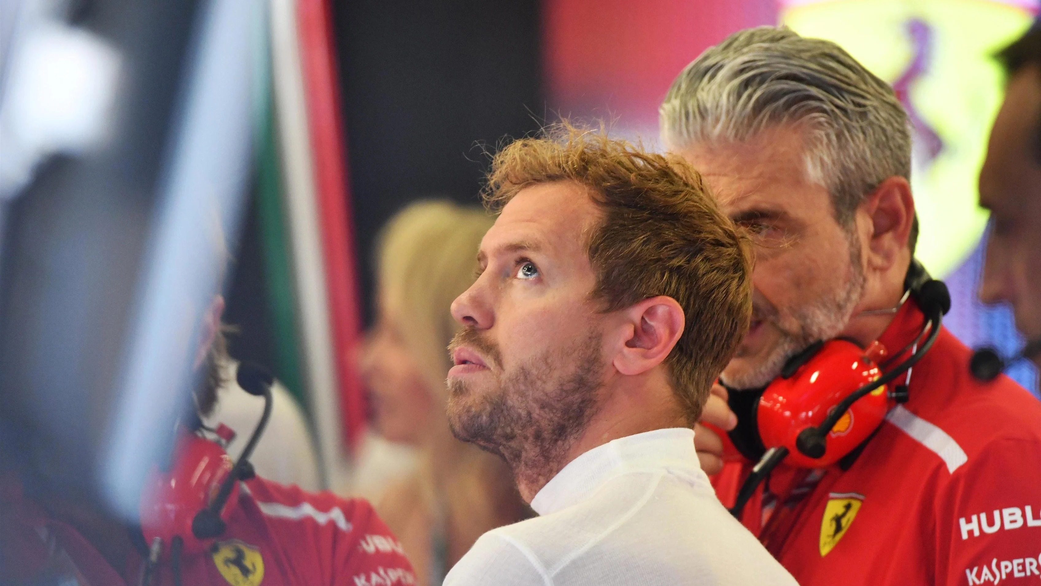 	 Sebastian Vettel (GER) Ferrari and Maurizio Arrivabene (ITA) Ferrari Team Principal at Formula One World Championship, Rd10, British Grand Prix, Practice, Silverstone, England, Friday 6 July 2018. © Mark Sutton/Sutton Images