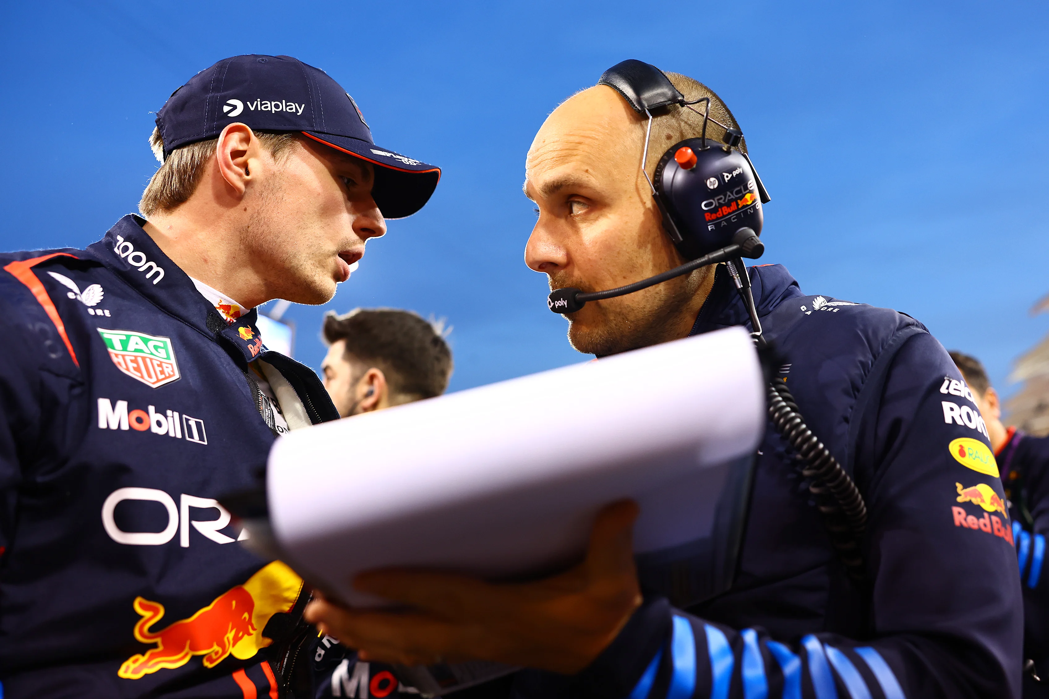 BAHRAIN, BAHRAIN - MARCH 02: Max Verstappen of the Netherlands and Oracle Red Bull Racing talks