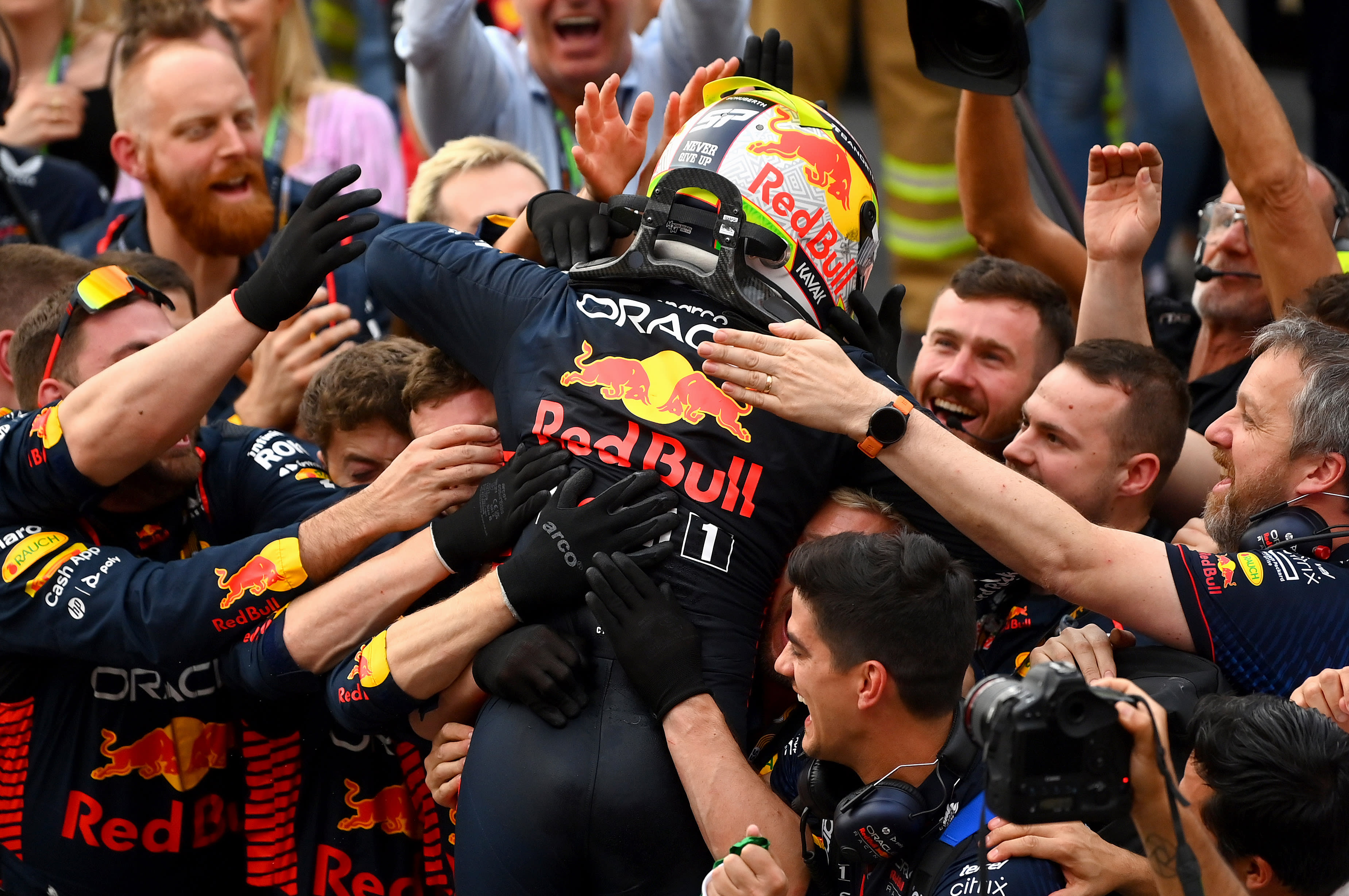 BAKU, AZERBAIJAN - APRIL 30: Race winner Sergio Perez of Mexico and Oracle Red Bull Racing